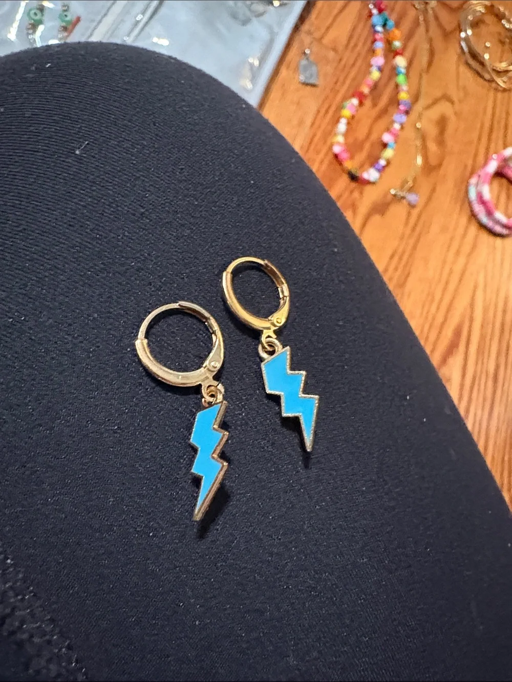 Kids Gold Hoop Earrings with Pink Smiley & Blue Lightning Charms Costume Jewelry